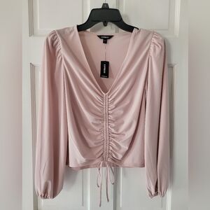 Express Dusty Rose V-Neck, Front Cinch, Balloon Sleeve Top, Size S